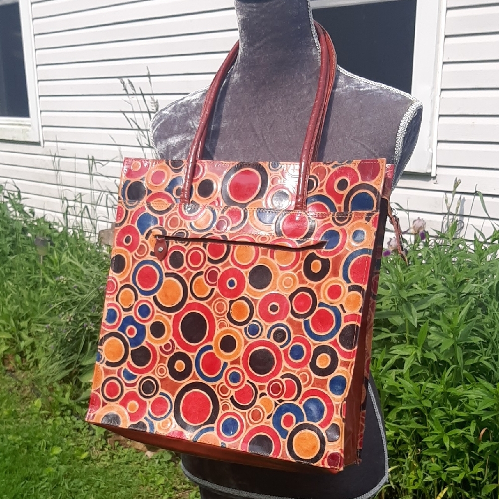 VINTAGELarge🟠Hand Painted LEATHER Red and Orange Geometric Tote Bag